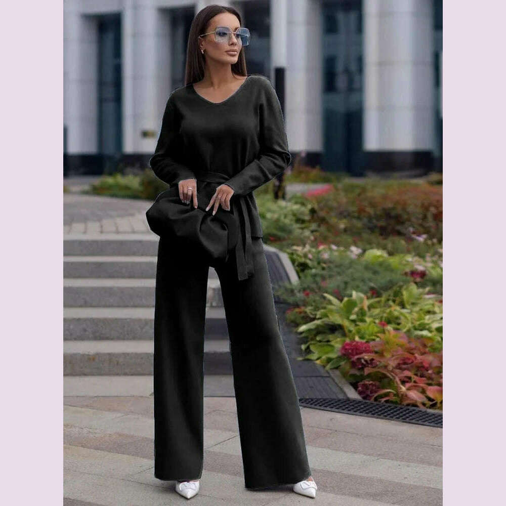 Sets for Women 2 Pieces Spring Autumn New Elegant V Neck Lace Up Tops Suits Fashion Casual Loose High Waisted Wide Leg Pant Sets - KIMLUD