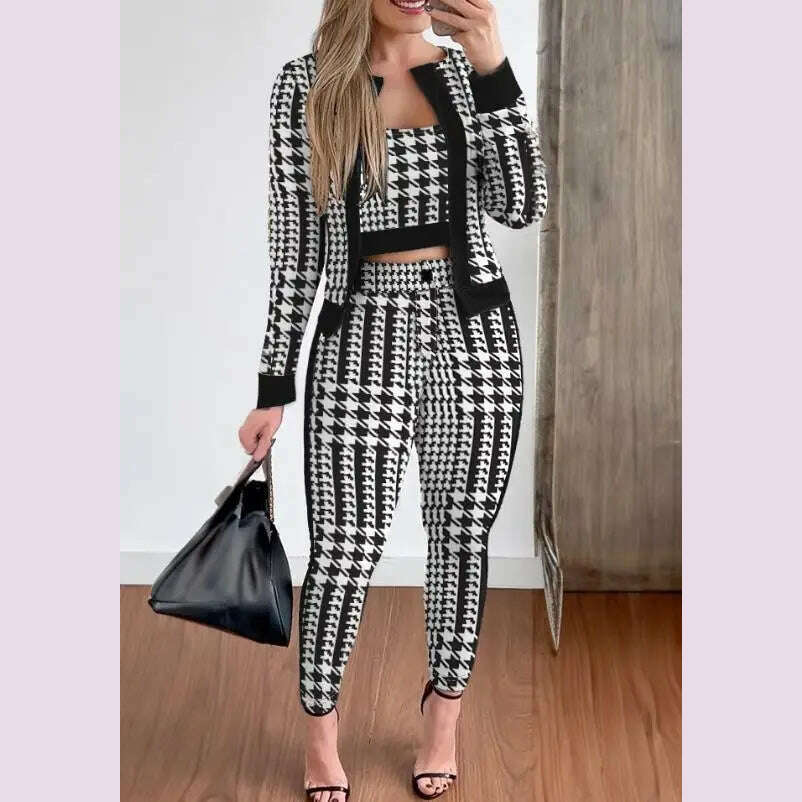 KIMLUD, Sets Outifits Women 2024 Spring Autumn 3 Piece Set Plaid Print Crop Top & Pants Set With Coat Fashion Casual Elegant Female Set, Beige / L, KIMLUD APPAREL - Womens Clothes