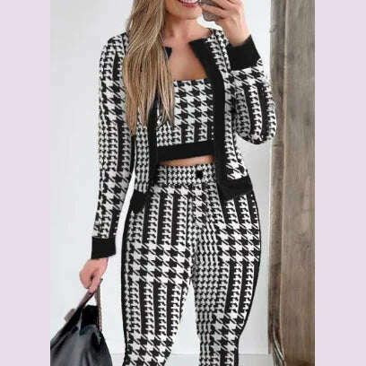 KIMLUD, Sets Outifits Women 2024 Spring Autumn 3 Piece Set Plaid Print Crop Top & Pants Set With Coat Fashion Casual Elegant Female Set, KIMLUD Womens Clothes