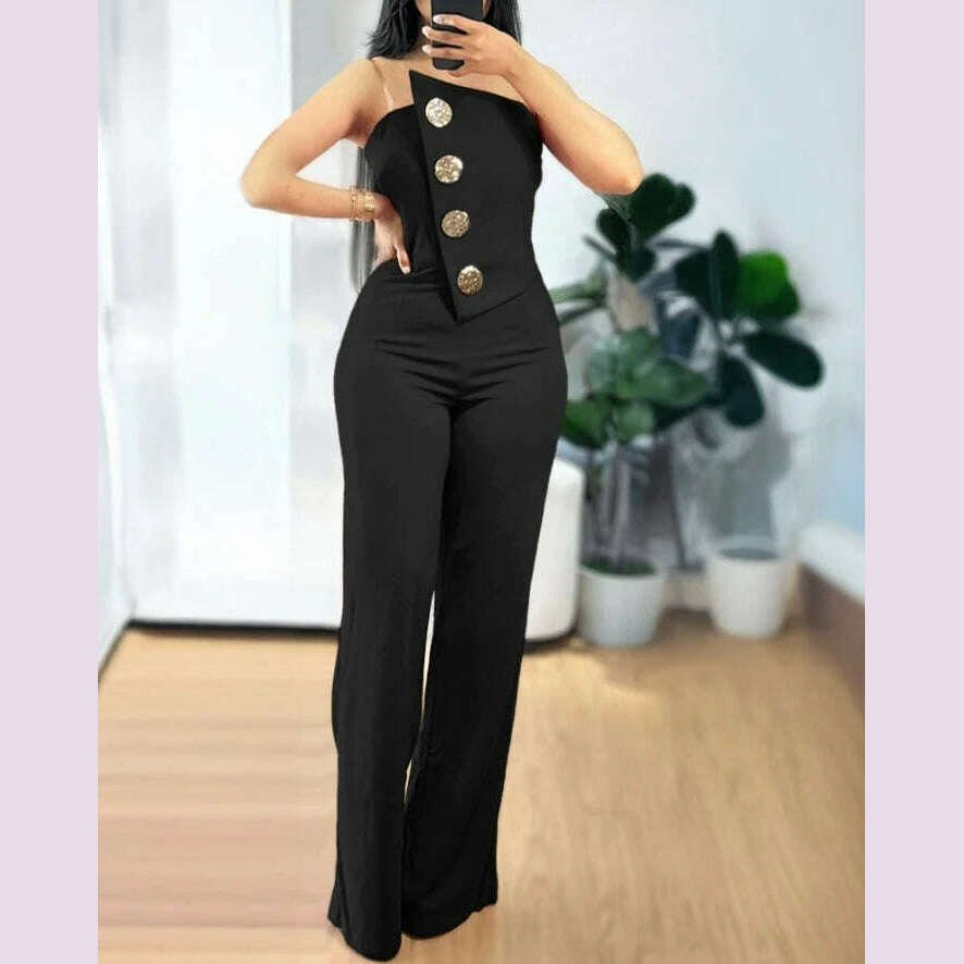 KIMLUD, Sexy Asymmetrical Bandeau Strapless Jumpsuit Metal Button Decor Casual Overalls 2025 Woman Long Jumpsuits Elegant, KIMLUD Womens Clothes