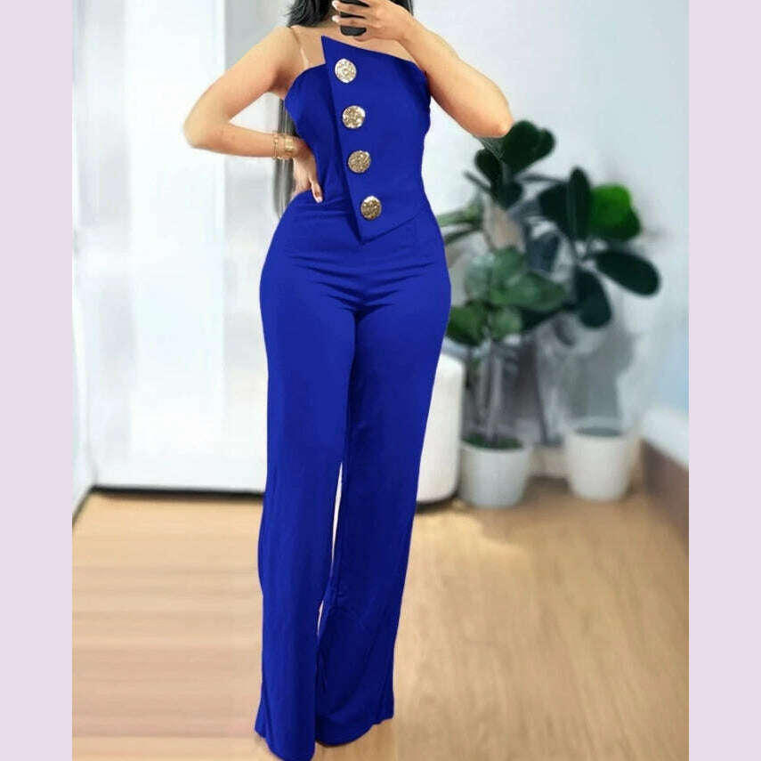 KIMLUD, Sexy Asymmetrical Bandeau Strapless Jumpsuit Metal Button Decor Casual Overalls 2025 Woman Long Jumpsuits Elegant, F / XL, KIMLUD APPAREL - Womens Clothes