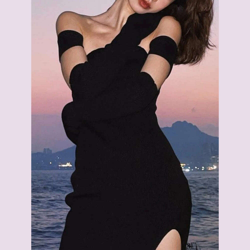 KIMLUD, Sexy Bodycon Black Knitted Midi Dress Women's Elegant Slim Casual Party Evening Sweater Vestidos Fashion Female Clothes, KIMLUD Womens Clothes