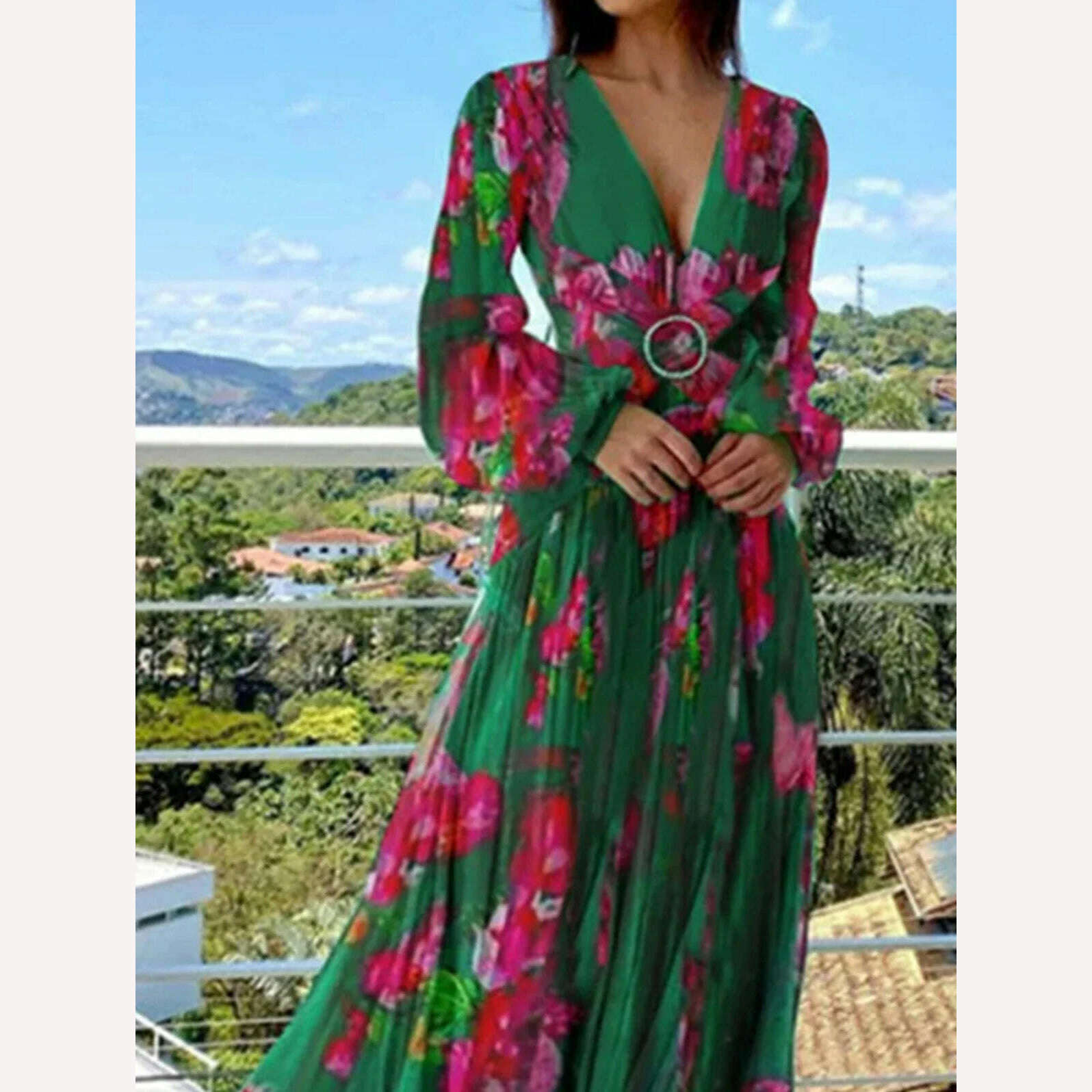 KIMLUD, Sexy Deep V Neck Printed Long Dress Women Fashion Lantern Sleeveless Vestidos 2024 Summer Lady Beach Style Maxi Pleated Dress, KIMLUD Womens Clothes