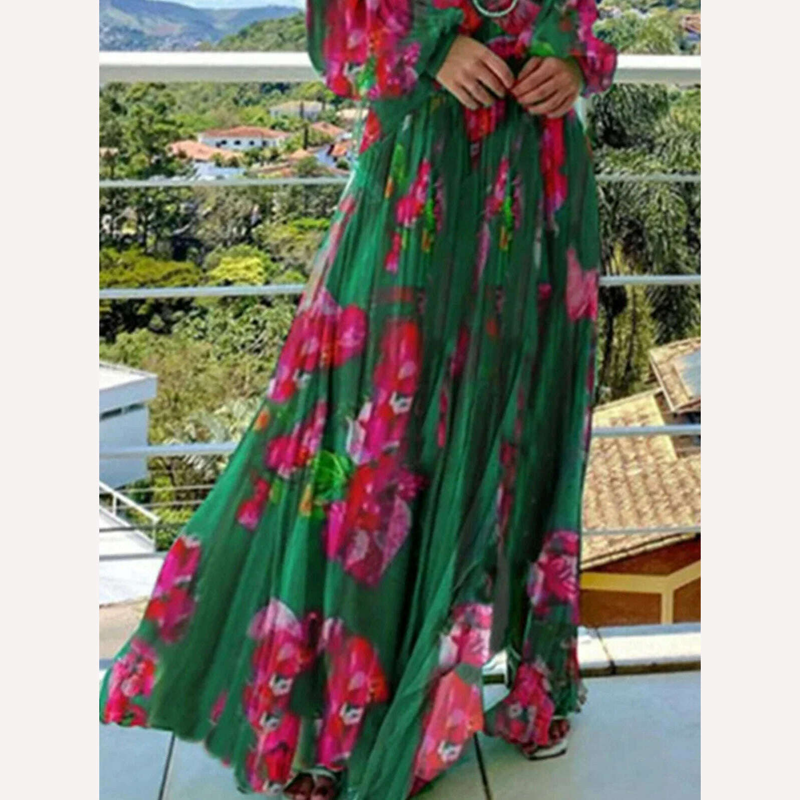 Sexy Deep V Neck Printed Long Dress Women Fashion Lantern Sleeveless Vestidos 2024 Summer Lady Beach Style Maxi Pleated Dress - KIMLUD