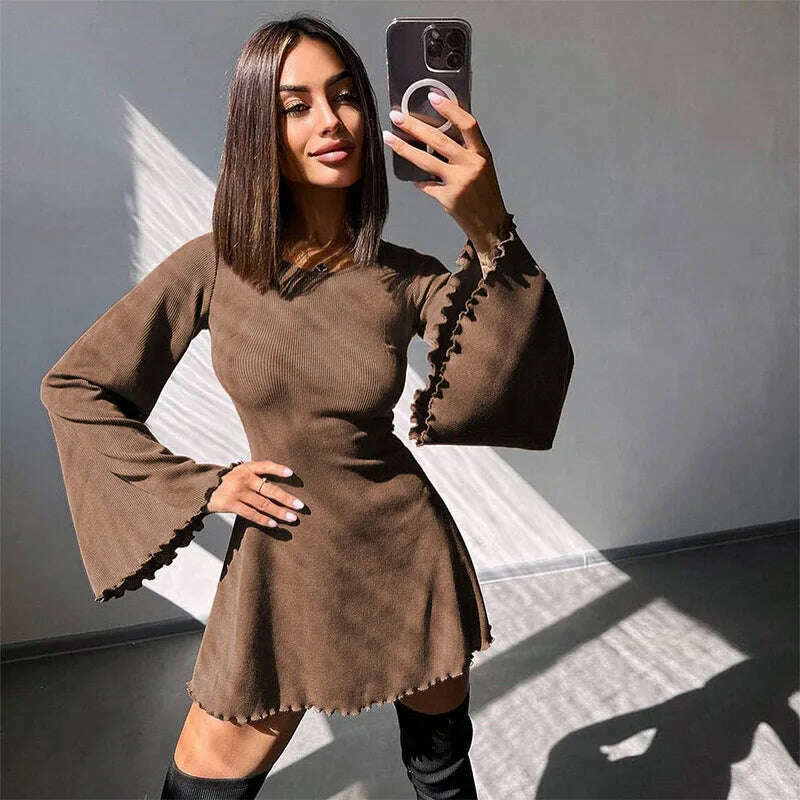 KIMLUD, Sexy Dresses Nightclub Mini Short Party Dress Women Back Bandage O Neck A Line Flare Sleeves Autumn Vestidos Ladies Fall Robe, KIMLUD Womens Clothes