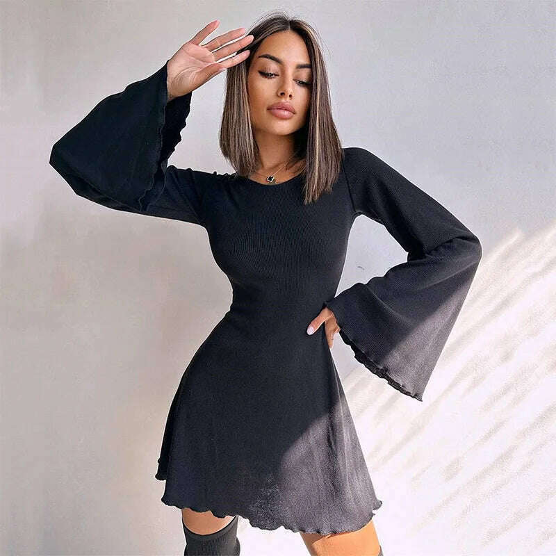 KIMLUD, Sexy Dresses Nightclub Mini Short Party Dress Women Back Bandage O Neck A Line Flare Sleeves Autumn Vestidos Ladies Fall Robe, Black / L, KIMLUD APPAREL - Womens Clothes