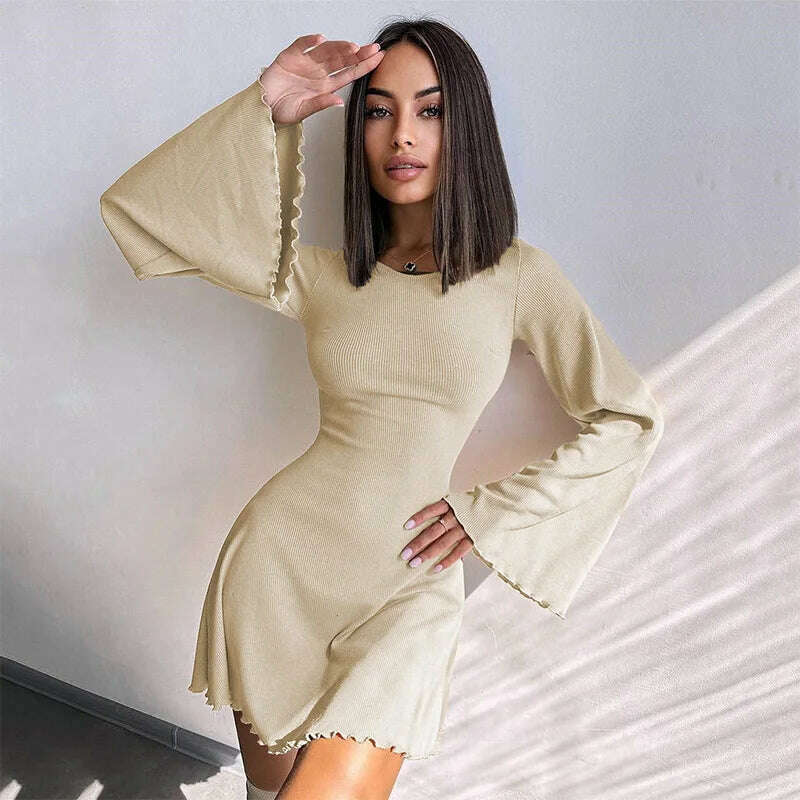 KIMLUD, Sexy Dresses Nightclub Mini Short Party Dress Women Back Bandage O Neck A Line Flare Sleeves Autumn Vestidos Ladies Fall Robe, Beige / S, KIMLUD APPAREL - Womens Clothes