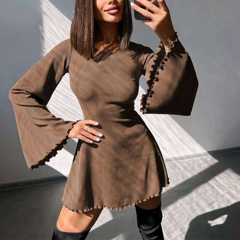 KIMLUD, Sexy Dresses Nightclub Mini Short Party Dress Women Back Bandage O Neck A Line Flare Sleeves Autumn Vestidos Ladies Fall Robe, Light Brown / M, KIMLUD APPAREL - Womens Clothes