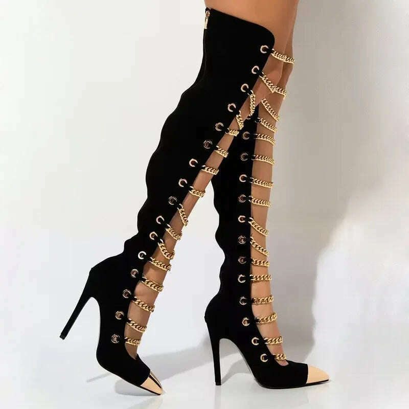 KIMLUD, Sexy Gold Chains Strap Front Hollow Thigh Boots Metal Pointed Toe Thin High Heels Chains Cutout Woman Over Knee Boots Woman, Black / 40, KIMLUD APPAREL - Womens Clothes