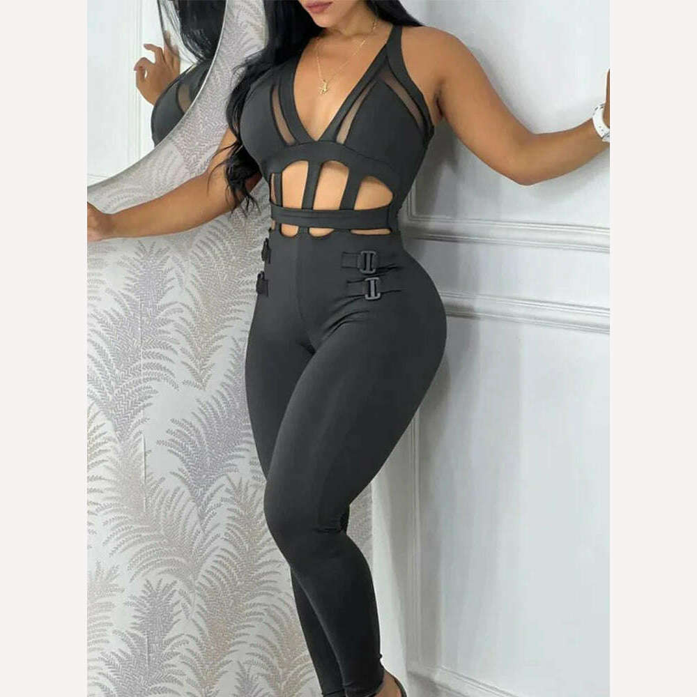 Sexy Hollow Out Halter Buckled Contrast Mesh Jumpsuit Slight Stretch Skinny Night Out Chic Sleeveless - KIMLUD