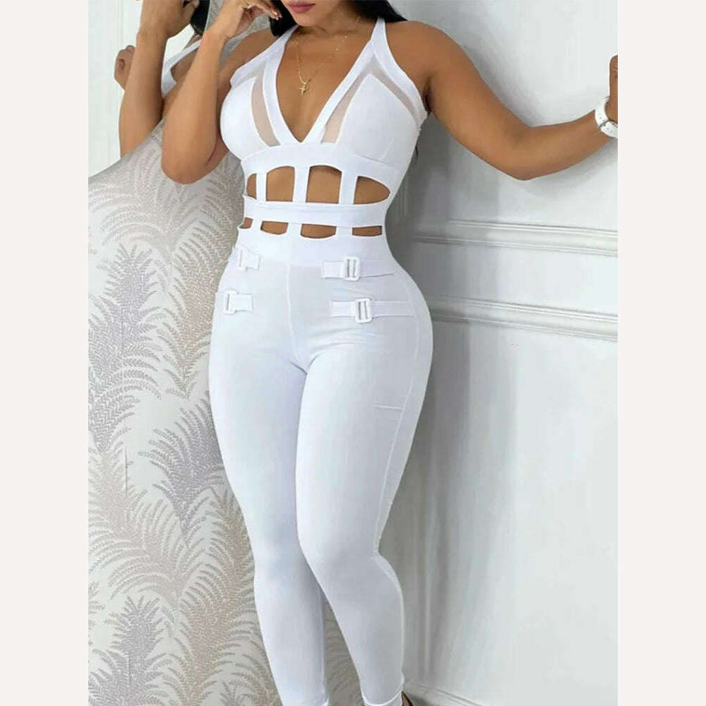 Sexy Hollow Out Halter Buckled Contrast Mesh Jumpsuit Slight Stretch Skinny Night Out Chic Sleeveless - KIMLUD