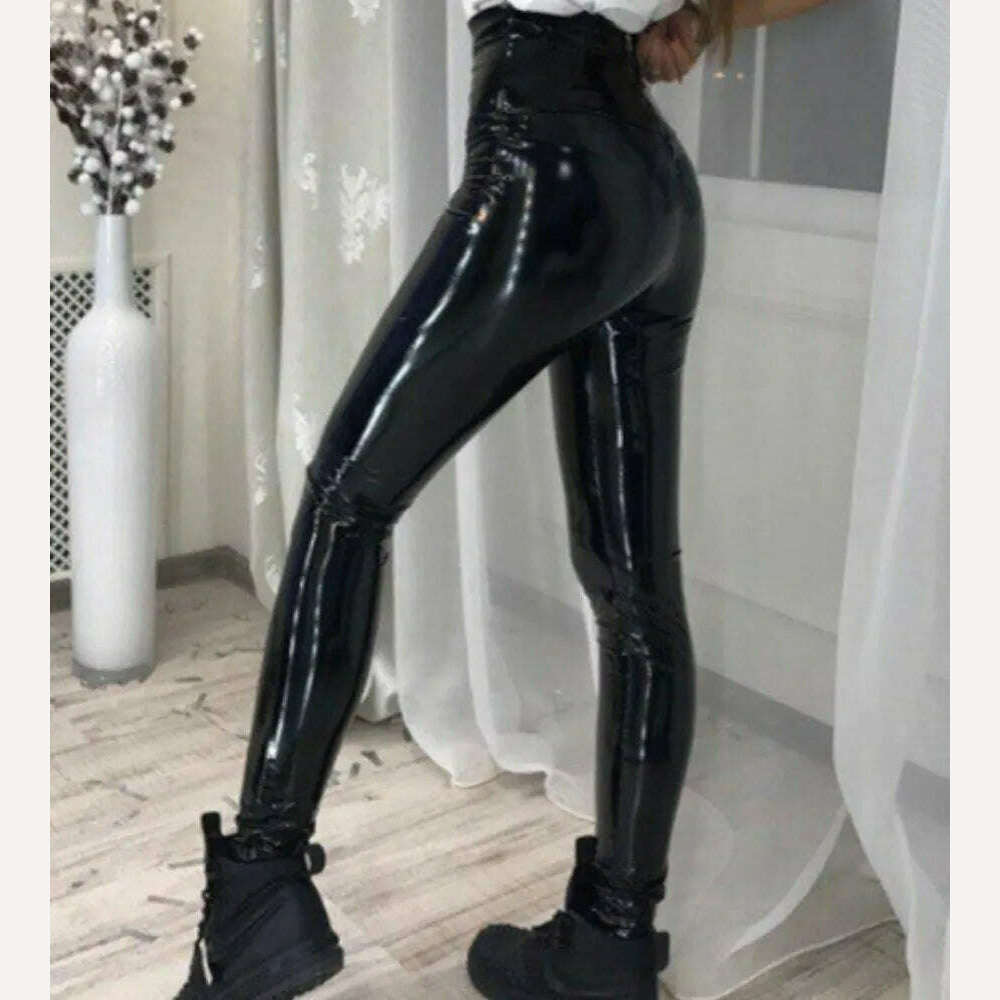 KIMLUD, Sexy Mirror PU Shiny Leather Pants Women's Elastic High Waist  Pants Shinny Slim Pencil Trousers Sexy Nightclub Leather Pants, KIMLUD Womens Clothes