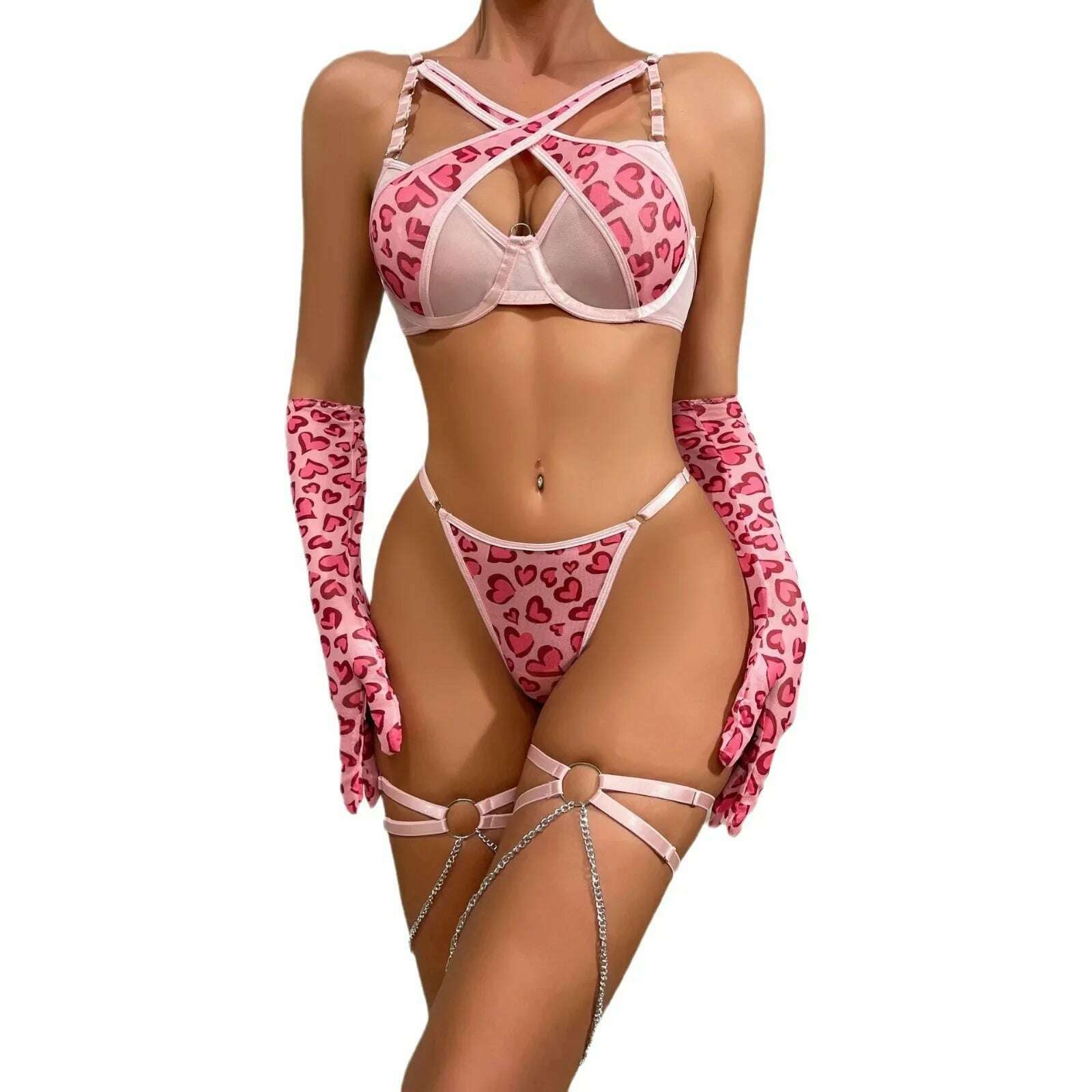 KIMLUD, Sexy Pink Leopard Printed Exotic Apparel Suit Set Women Metal Chain Fun Lingerie Set with Gloves Leg Rings Valentine's Day Gift, KIMLUD Womens Clothes