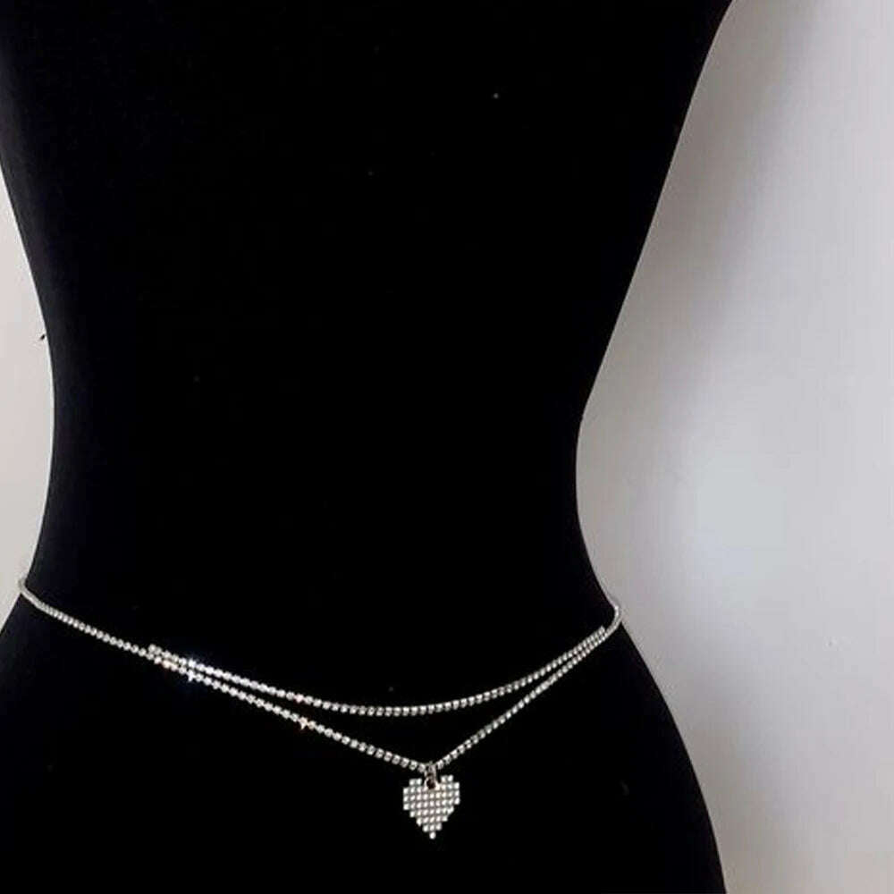 Sexy Rhinestone Heart Waist Chain Belt Bikinis Jewelry for Women Summer Beach Double Row Crystal Belly Chain Body Accessories - KIMLUD