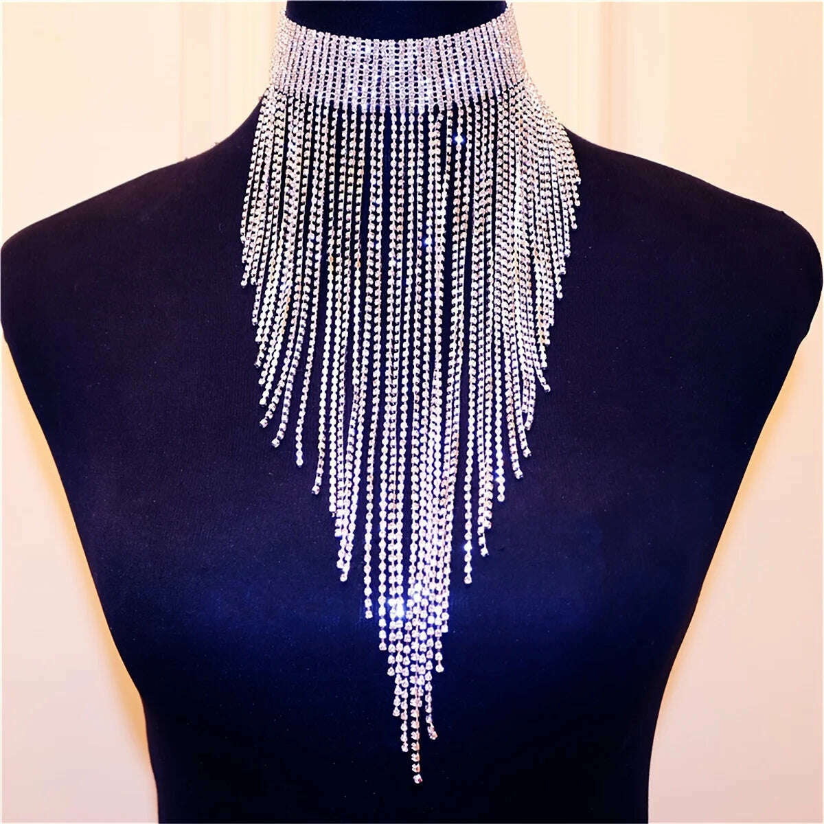 KIMLUD, Sexy Shiny Long Tassel Luxurious Rhinestone Necklace Jewelry Fashion Luxury Party Banquet Jewelry Wear Body Sexy Accessories, SILVER PLATED, KIMLUD APPAREL - Womens Clothes