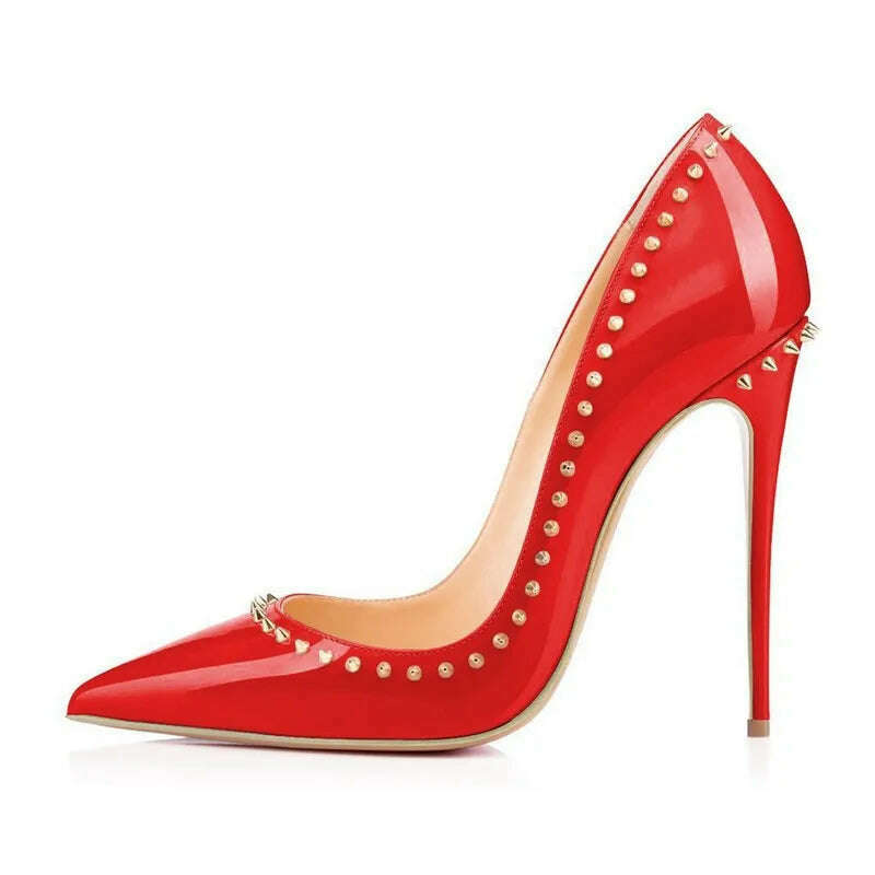 KIMLUD, Sexy Woman Heel New Stilettos High Heels Spring Autumn Patent Leather Pointed Toe Women Rivet Ladies Pumps Shoes Big Size D031A, 12CM Heels height 1 / 4, KIMLUD APPAREL - Womens Clothes