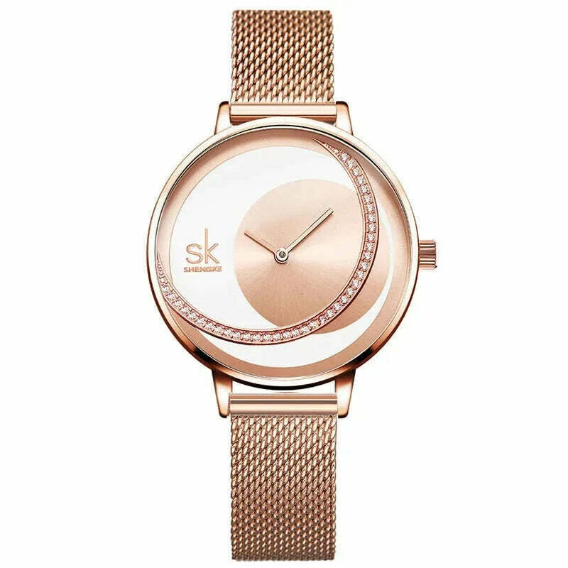 KIMLUD, Shengke Crystal Women Watch Luxury Brand Ladies Dress Watches Original Design Quartz Wrist Watches Creative SK Watch For Women, rosegoldband, KIMLUD APPAREL - Womens Clothes