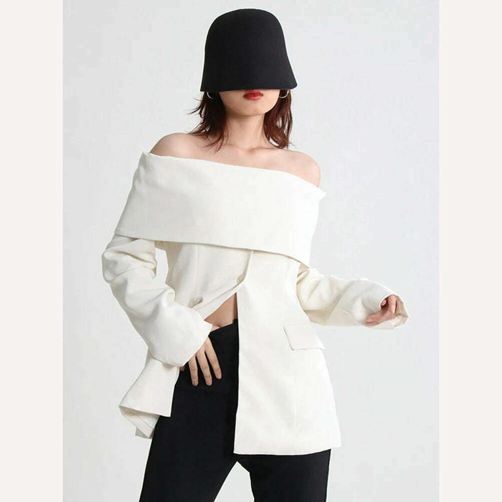 KIMLUD, SHENGPALAE Slash Neck Blazer Coat Women Off Shoulder Long Sleeve Minimalist Blazers Female 2023 Spring Summer New Clothes 5R934, Ivory / S, KIMLUD APPAREL - Womens Clothes