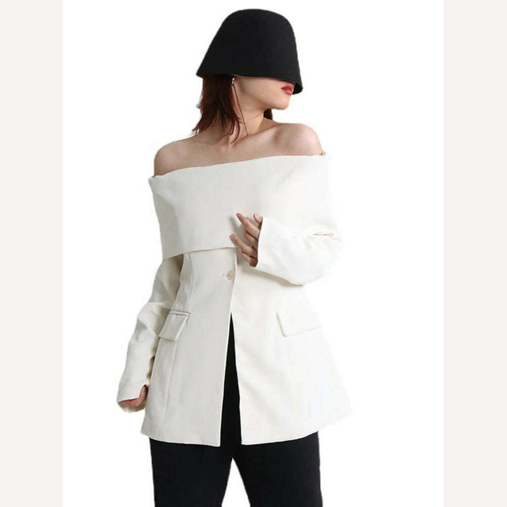 KIMLUD, SHENGPALAE Slash Neck Blazer Coat Women Off Shoulder Long Sleeve Minimalist Blazers Female 2023 Spring Summer New Clothes 5R934, KIMLUD Womens Clothes