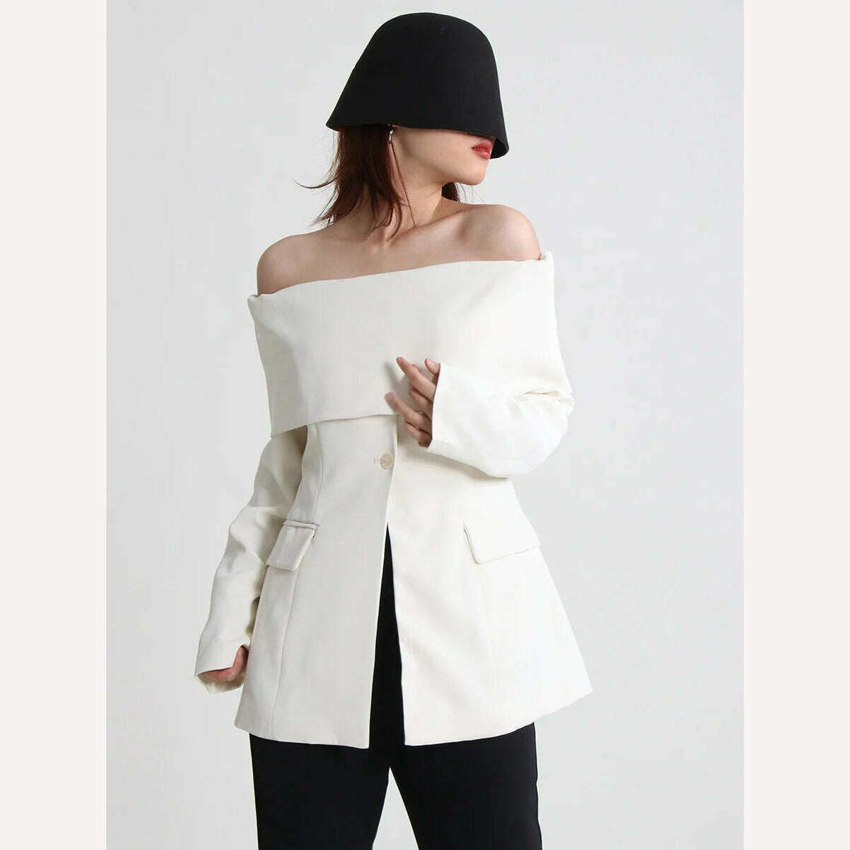 KIMLUD, SHENGPALAE Slash Neck Blazer Coat Women Off Shoulder Long Sleeve Minimalist Blazers Female 2023 Spring Summer New Clothes 5R934, KIMLUD Womens Clothes