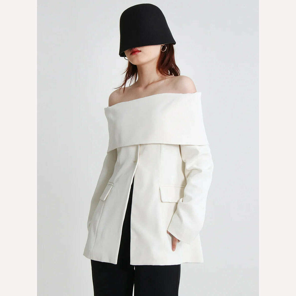 KIMLUD, SHENGPALAE Slash Neck Blazer Coat Women Off Shoulder Long Sleeve Minimalist Blazers Female 2023 Spring Summer New Clothes 5R934, KIMLUD Womens Clothes