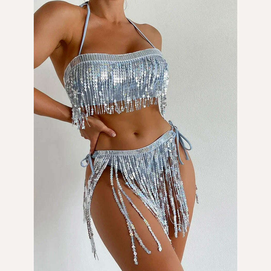 Shiny Glitter Bikini Set Women Sexy Bandeau Push Up Sequin Tassel Swimsuit 2024 Ladies Beach Bathing Suit High Waist Swimwear - KIMLUD