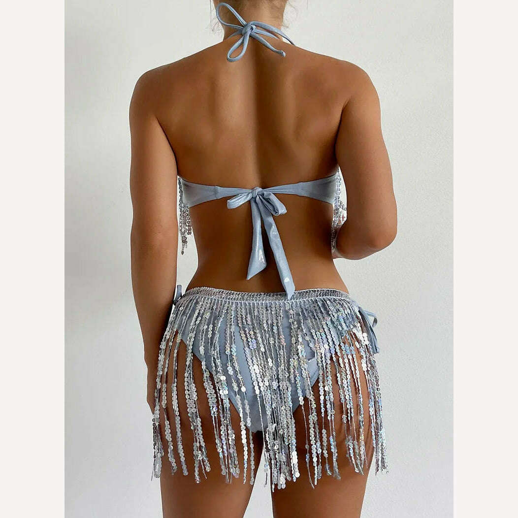 KIMLUD, Shiny Glitter Bikini Set Women Sexy Bandeau Push Up Sequin Tassel Swimsuit 2024 Ladies Beach Bathing Suit High Waist Swimwear, KIMLUD Womens Clothes