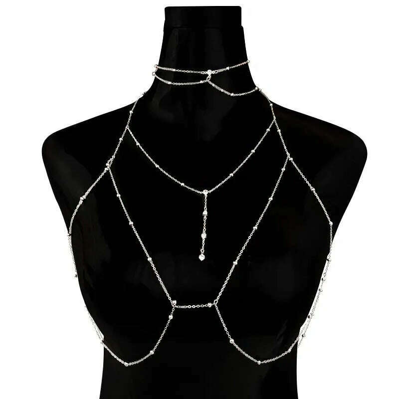 Shiny Rhinestones Tassel Sexy Chest Chain for Women Girls Fashion Metal Bra Cross Bikini Within Hollow Body Chain Jewelry - KIMLUD