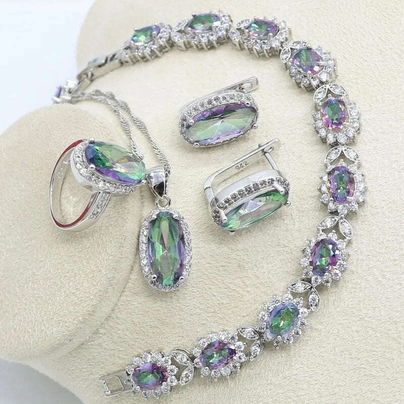 KIMLUD, Silver 925 Jewelry Set Bridal For Women Rainbow Topaz Wedding Bracelet Necklace Rings Birthday Gift, KIMLUD Womens Clothes