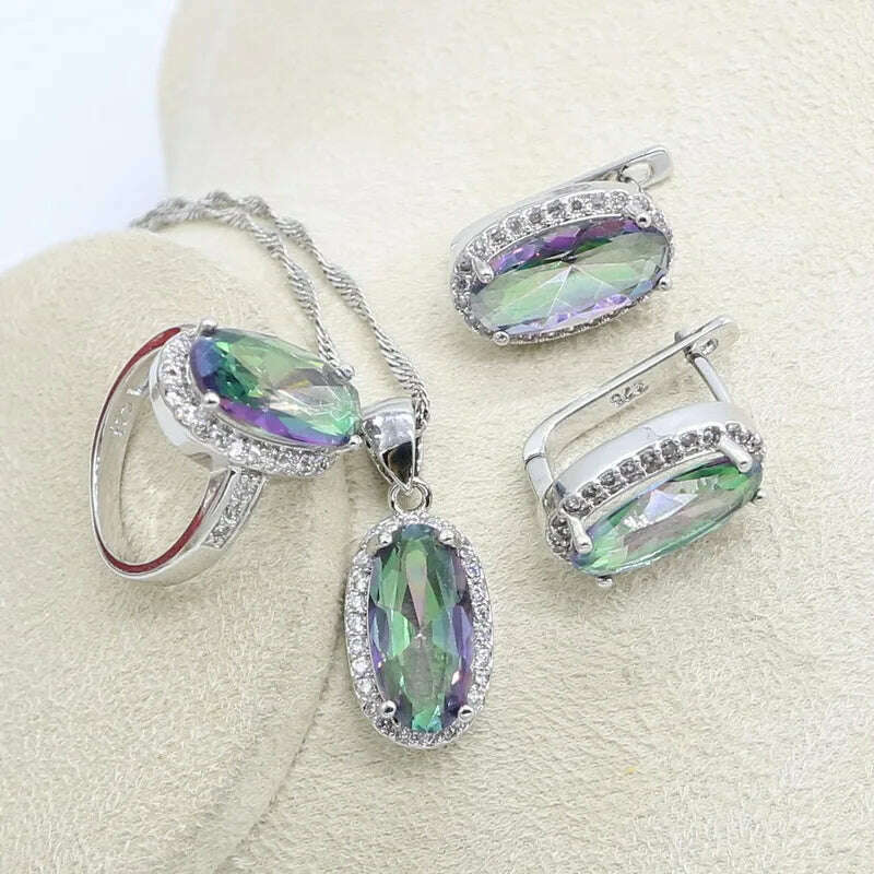 KIMLUD, Silver 925 Jewelry Set Bridal For Women Rainbow Topaz Wedding Bracelet Necklace Rings Birthday Gift, 3pcs rainbow / 9, KIMLUD APPAREL - Womens Clothes