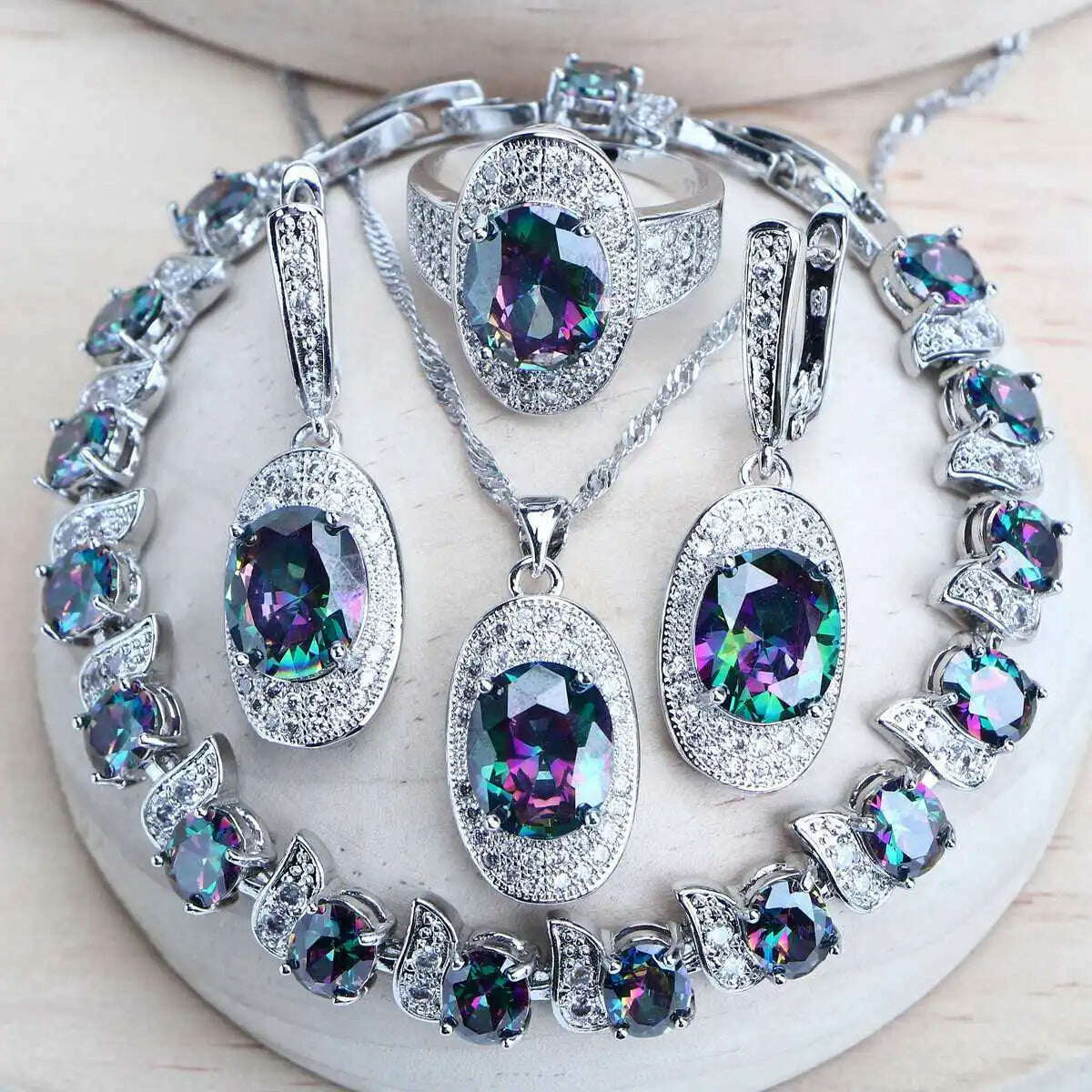 KIMLUD, Silver 925 Women Bridal Jewelry Sets Rainbow Cubic Zirconia Costume Jewellery Wedding Earrings Rings Bracelets Pendant Necklace, 4PCS / 6, KIMLUD APPAREL - Womens Clothes