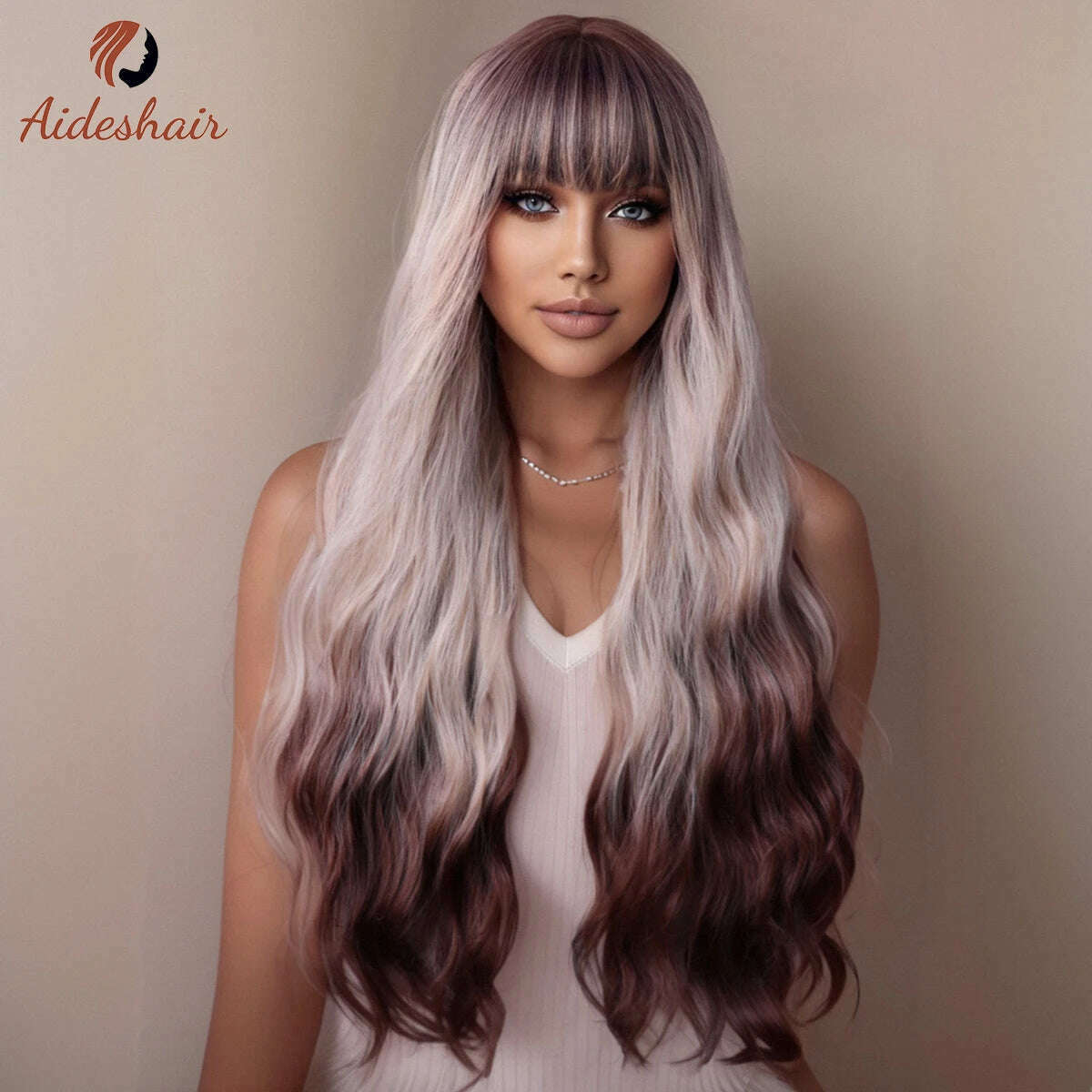 KIMLUD, Silver-ash highlights Straight bangs Long wavy wig for women's wig Synthetic Heat resistant fiber Daily Cosplay (28 inches), BBW1178-1 / 1 PC / 28inches, KIMLUD APPAREL - Womens Clothes