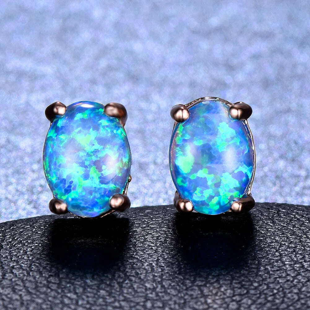 Silver Color Cute Oval Green Opal Stone Stud Earrings for Women Dainty Classic 4 Claws Natural Fire Opal Stone Students Earrings - KIMLUD