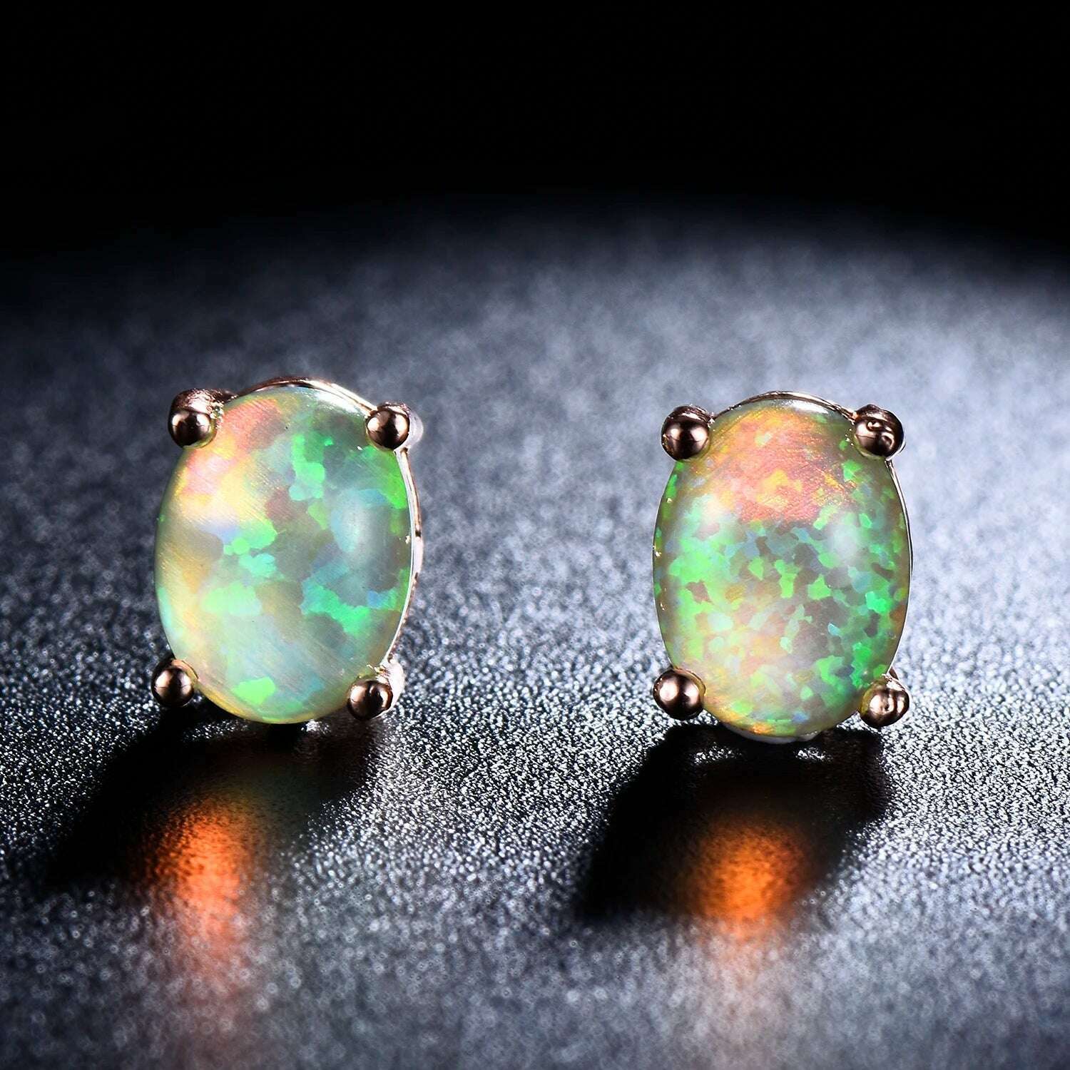 Silver Color Cute Oval Green Opal Stone Stud Earrings for Women Dainty Classic 4 Claws Natural Fire Opal Stone Students Earrings - KIMLUD