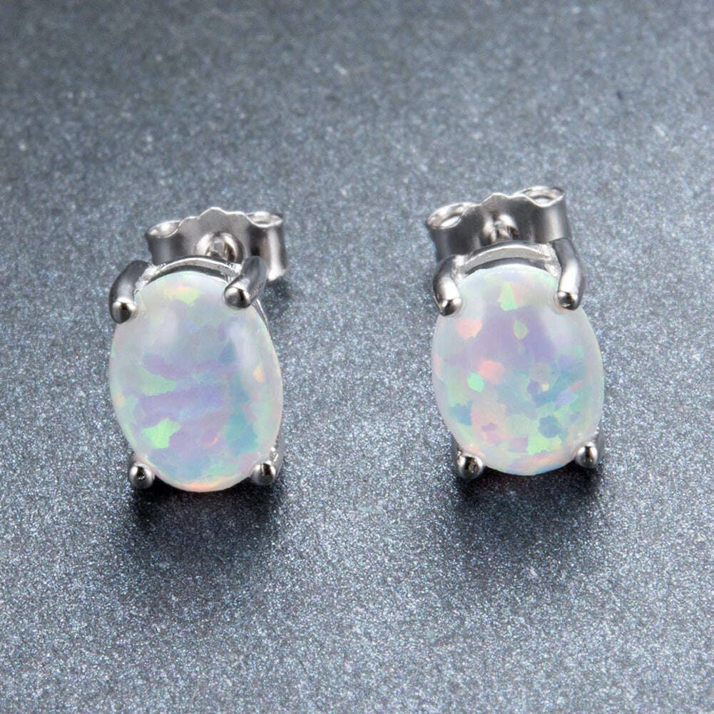 Silver Color Cute Oval Green Opal Stone Stud Earrings for Women Dainty Classic 4 Claws Natural Fire Opal Stone Students Earrings - KIMLUD