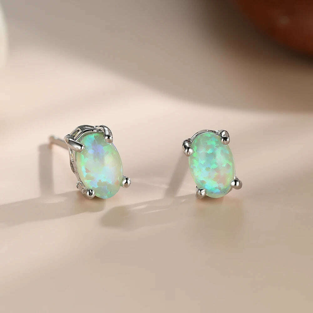 Silver Color Cute Oval Green Opal Stone Stud Earrings for Women Dainty Classic 4 Claws Natural Fire Opal Stone Students Earrings - KIMLUD