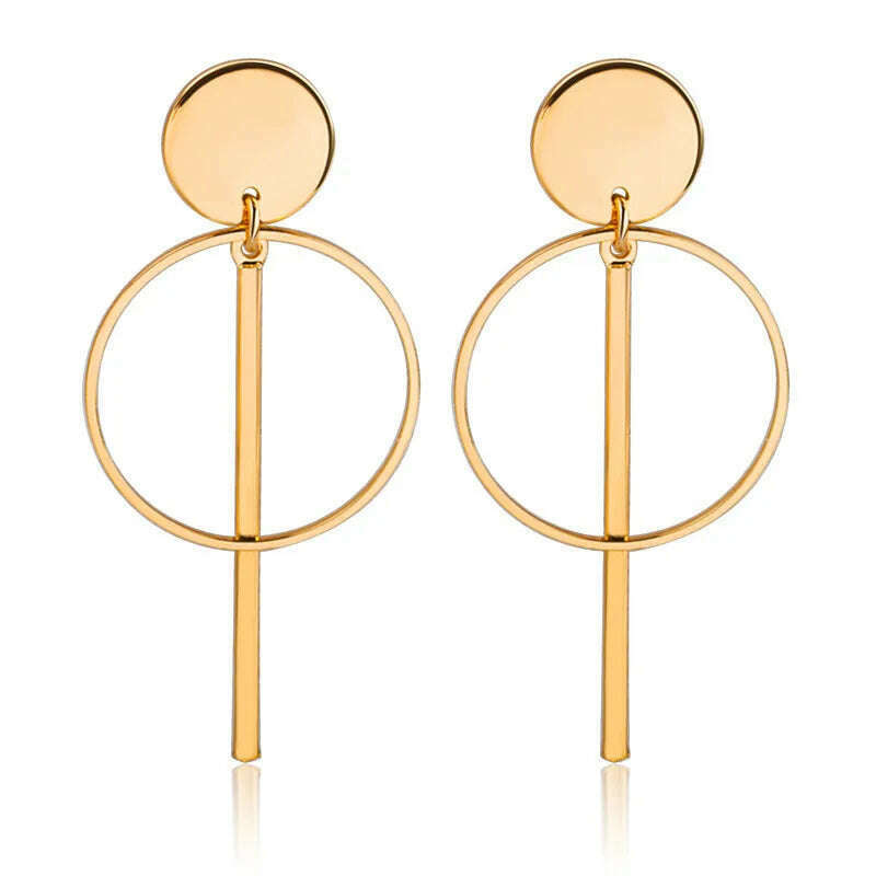 KIMLUD, Simple fashion gold color Silver plated geometric Long Circle earrings for women fashion big hollow drop earrings jewelry, KIMLUD Womens Clothes