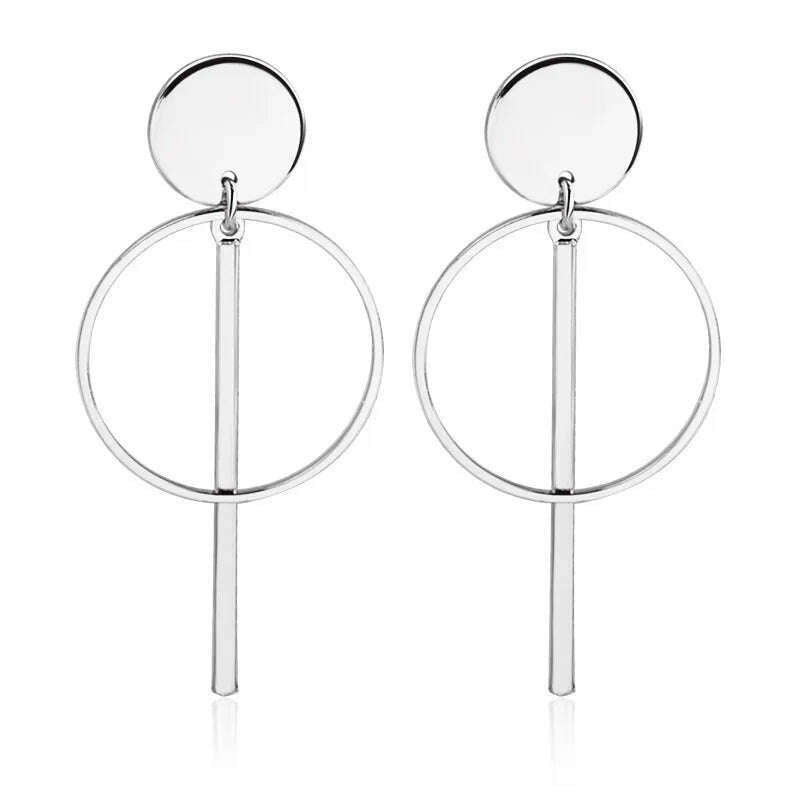 KIMLUD, Simple fashion gold color Silver plated geometric Long Circle earrings for women fashion big hollow drop earrings jewelry, KIMLUD Womens Clothes