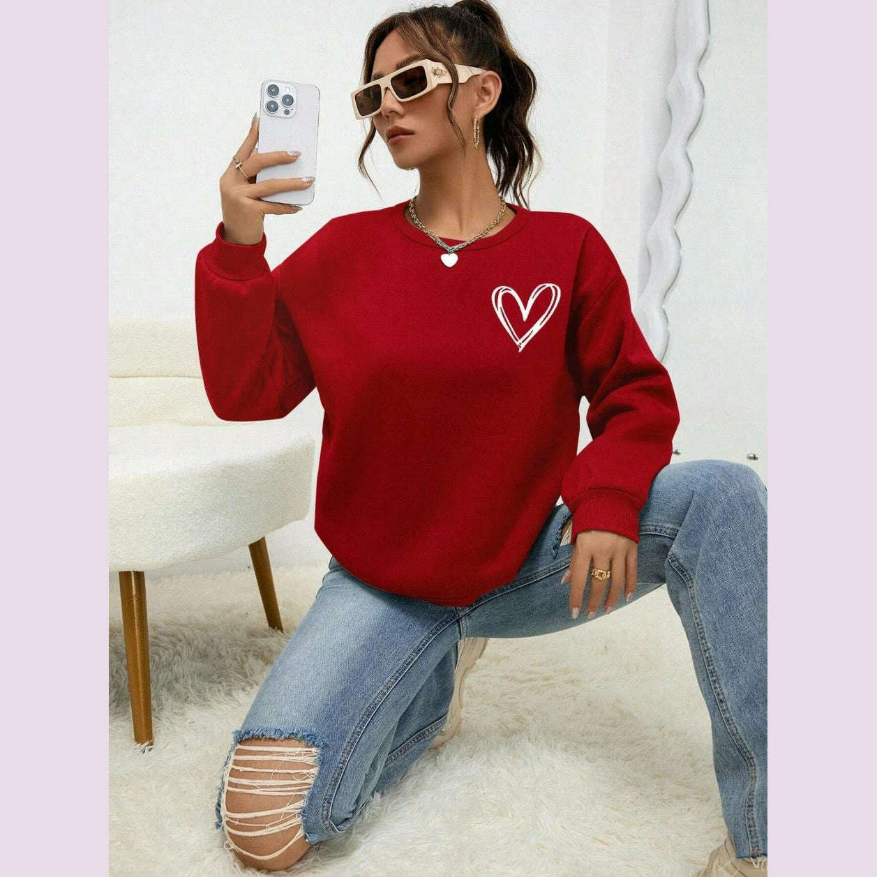 KIMLUD, Simple Heart Pattern Printing Sweatshirts For Womens Casual Comfortable Crewneck Hoodies Loose Fleece Warm Sportswear Clothes, KIMLUD Womens Clothes