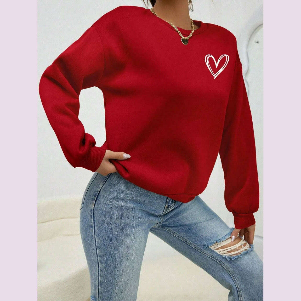 KIMLUD, Simple Heart Pattern Printing Sweatshirts For Womens Casual Comfortable Crewneck Hoodies Loose Fleece Warm Sportswear Clothes, Red / M, KIMLUD APPAREL - Womens Clothes