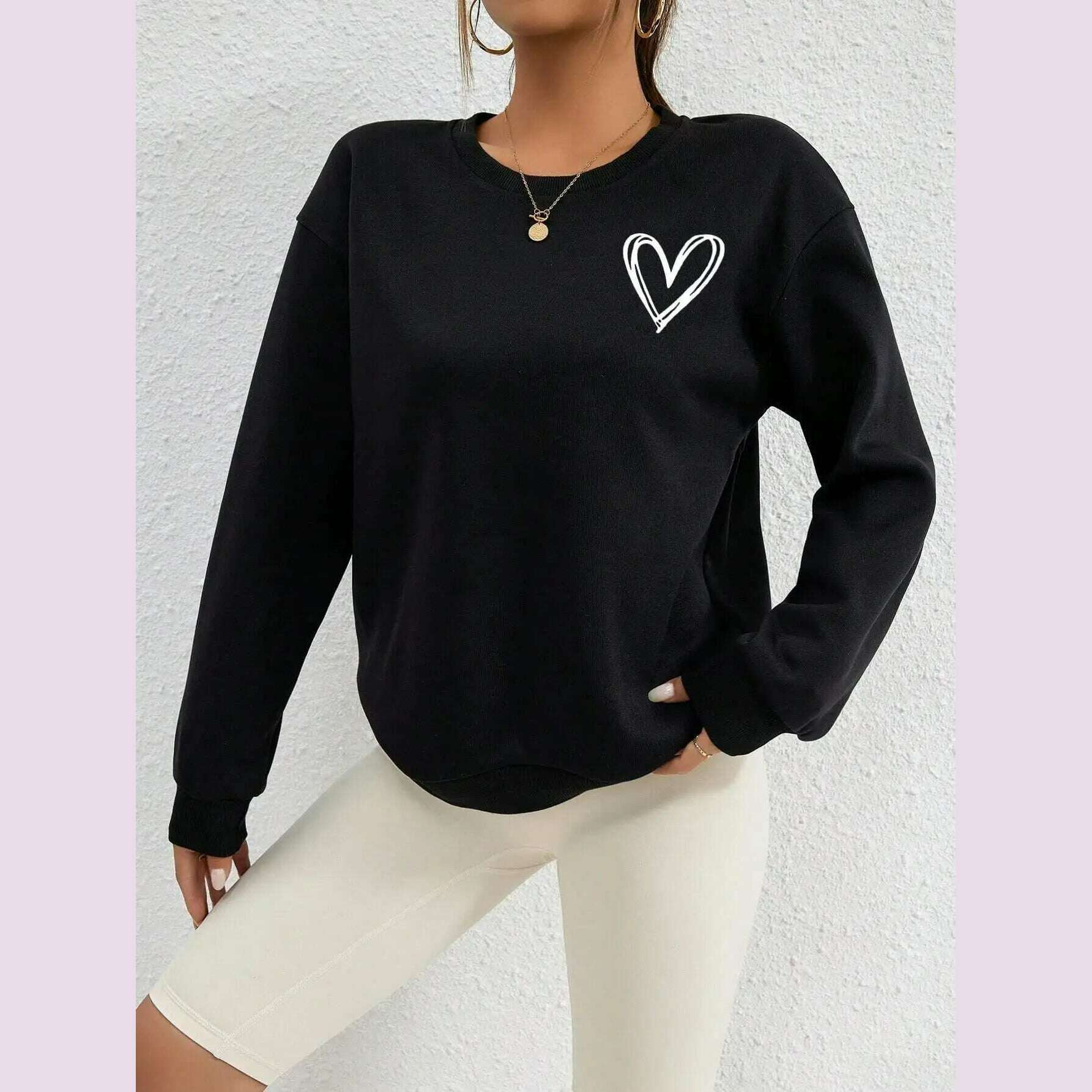 KIMLUD, Simple Heart Pattern Printing Sweatshirts For Womens Casual Comfortable Crewneck Hoodies Loose Fleece Warm Sportswear Clothes, KIMLUD Womens Clothes