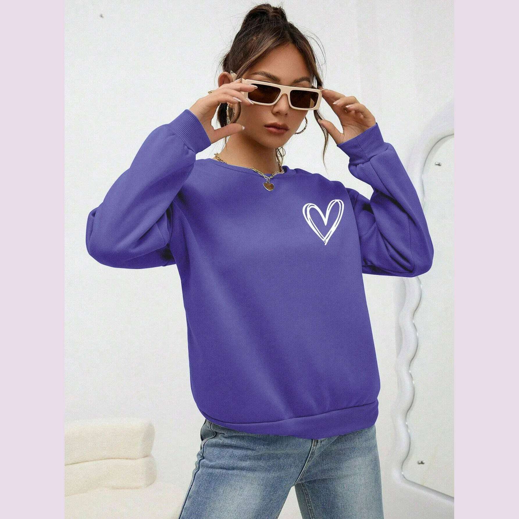 KIMLUD, Simple Heart Pattern Printing Sweatshirts For Womens Casual Comfortable Crewneck Hoodies Loose Fleece Warm Sportswear Clothes, Purple / M, KIMLUD APPAREL - Womens Clothes