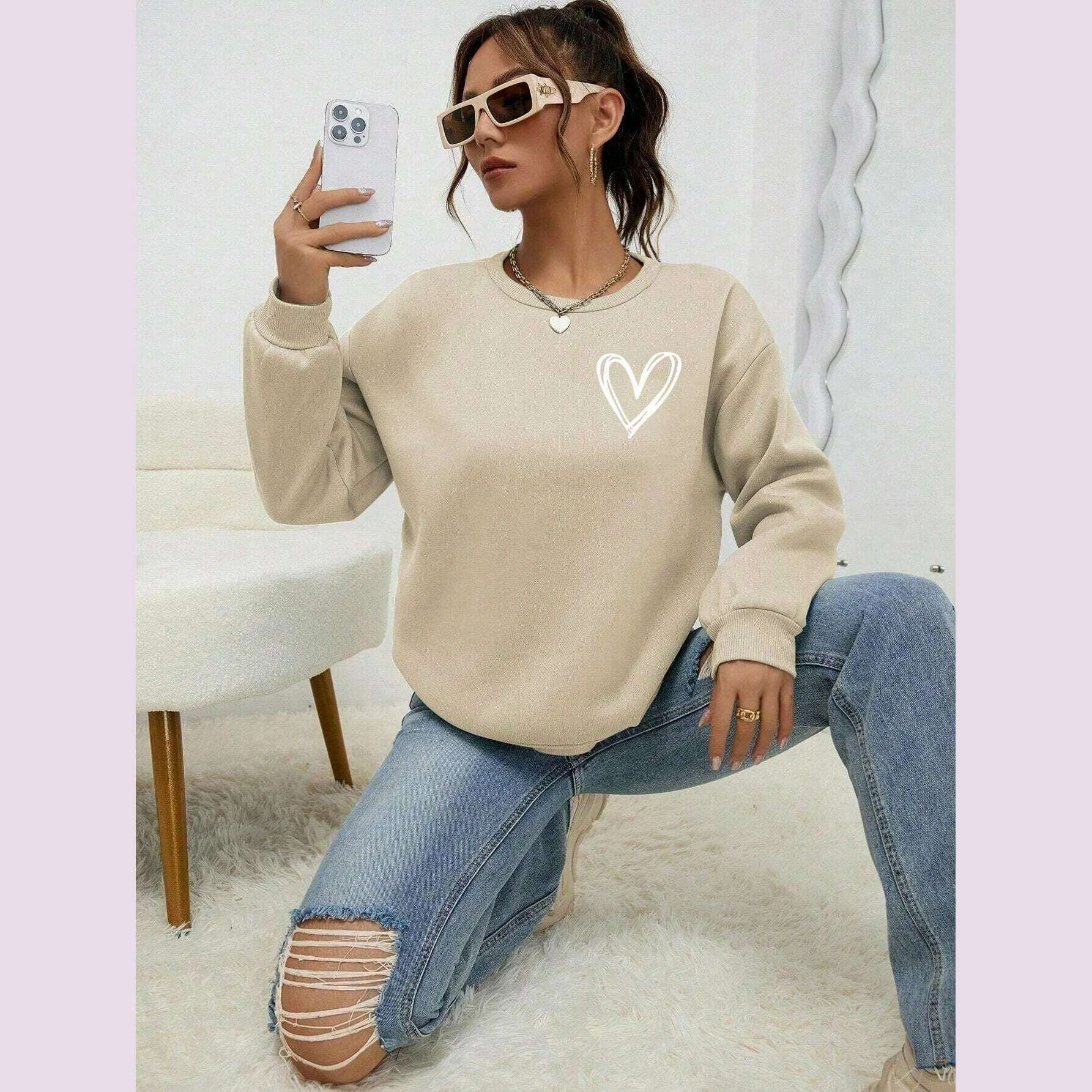 KIMLUD, Simple Heart Pattern Printing Sweatshirts For Womens Casual Comfortable Crewneck Hoodies Loose Fleece Warm Sportswear Clothes, Beige / XL, KIMLUD APPAREL - Womens Clothes