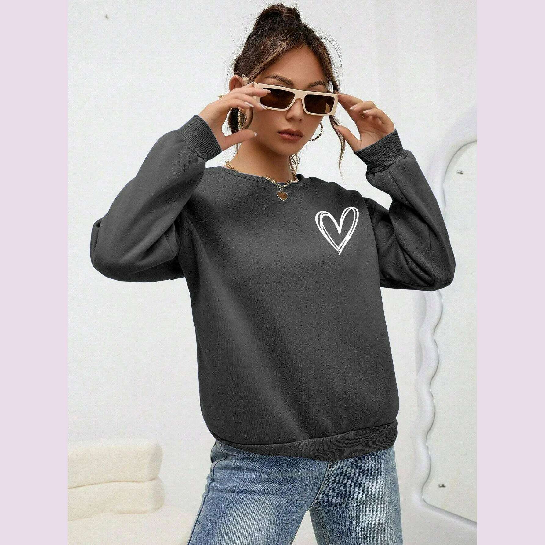 KIMLUD, Simple Heart Pattern Printing Sweatshirts For Womens Casual Comfortable Crewneck Hoodies Loose Fleece Warm Sportswear Clothes, Dark Gray / S, KIMLUD APPAREL - Womens Clothes