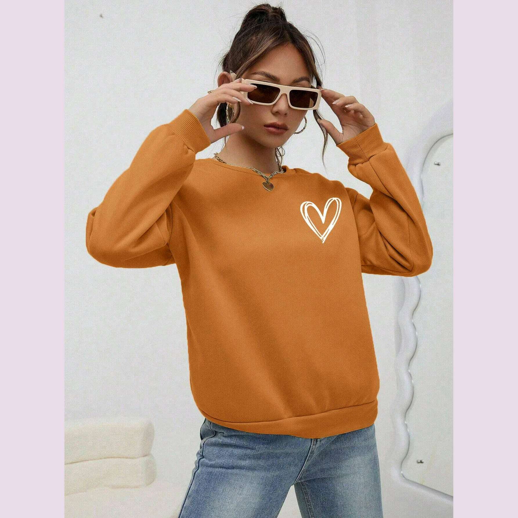 KIMLUD, Simple Heart Pattern Printing Sweatshirts For Womens Casual Comfortable Crewneck Hoodies Loose Fleece Warm Sportswear Clothes, Khaki / S, KIMLUD APPAREL - Womens Clothes