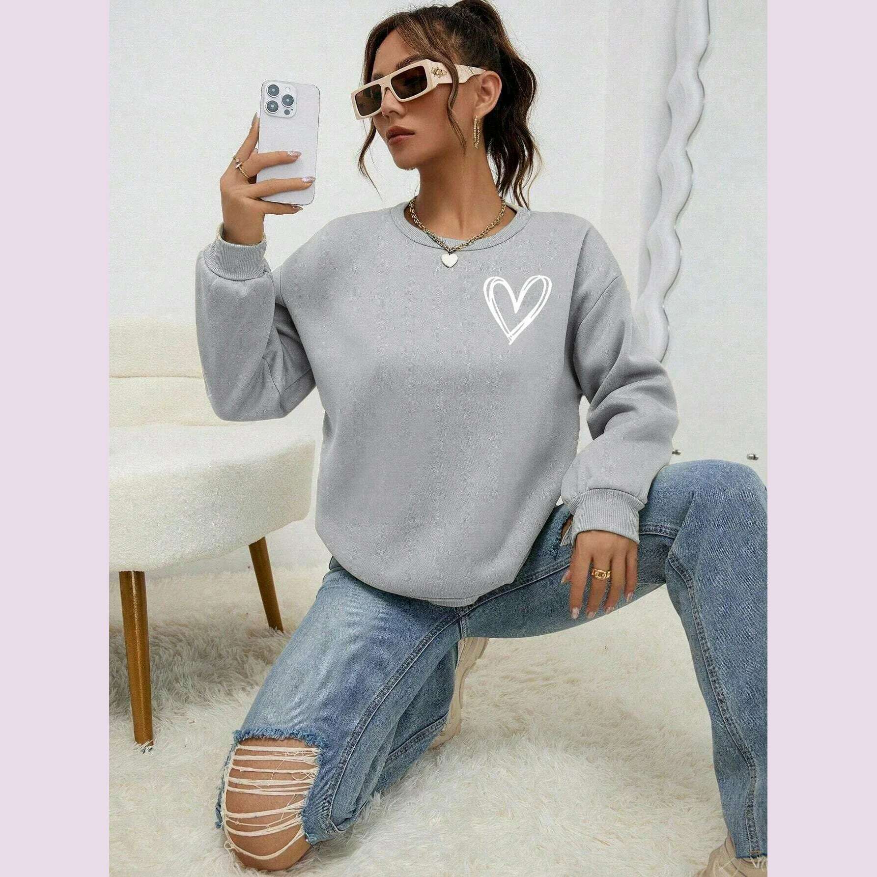 KIMLUD, Simple Heart Pattern Printing Sweatshirts For Womens Casual Comfortable Crewneck Hoodies Loose Fleece Warm Sportswear Clothes, Gray / XXL, KIMLUD APPAREL - Womens Clothes