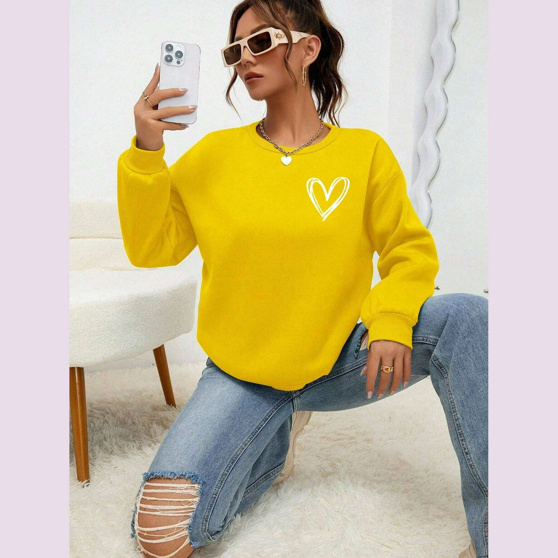 KIMLUD, Simple Heart Pattern Printing Sweatshirts For Womens Casual Comfortable Crewneck Hoodies Loose Fleece Warm Sportswear Clothes, Yellow / L, KIMLUD APPAREL - Womens Clothes