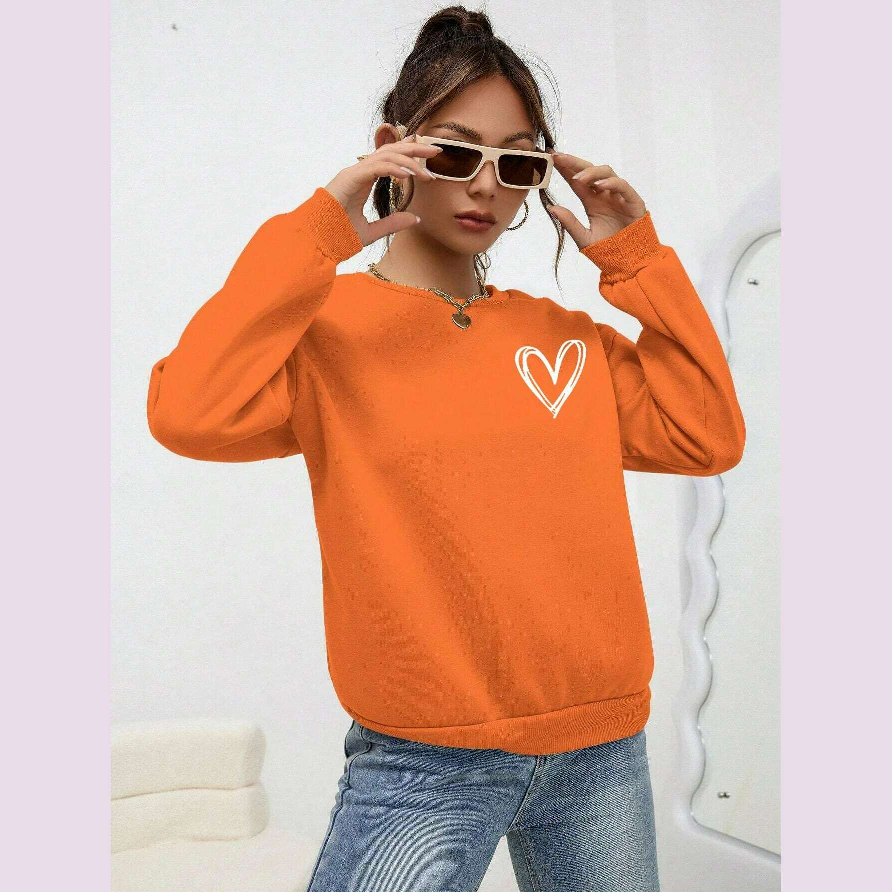 KIMLUD, Simple Heart Pattern Printing Sweatshirts For Womens Casual Comfortable Crewneck Hoodies Loose Fleece Warm Sportswear Clothes, Orange / M, KIMLUD APPAREL - Womens Clothes