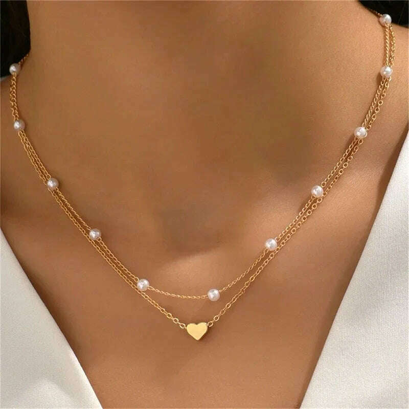 KIMLUD, Simple Pearl Choker Necklaces for Women Fashion Double Layer Chain Small Love Heart Pendant Necklace Jewelry Gift Wholesale, XL859, KIMLUD Womens Clothes