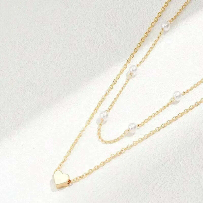 KIMLUD, Simple Pearl Choker Necklaces for Women Fashion Double Layer Chain Small Love Heart Pendant Necklace Jewelry Gift Wholesale, KIMLUD Womens Clothes